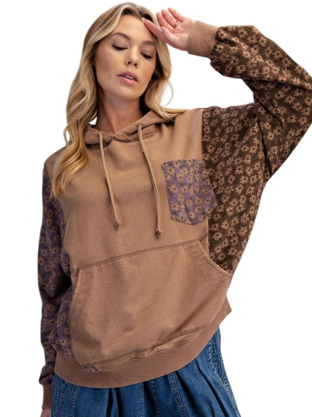 Easel Premium Mocha mineral wash Long Sleeve Hoodie Sweatshirt Top - Picture 6 of 7